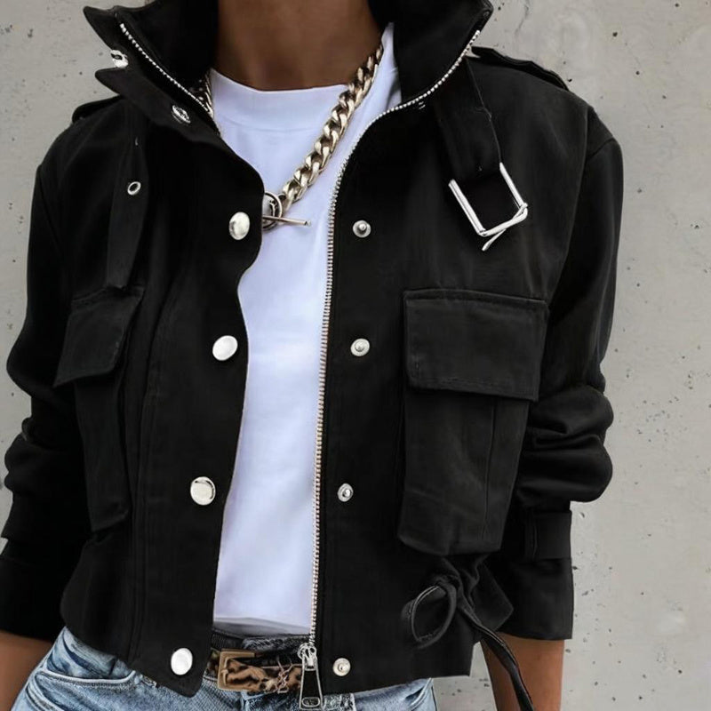 Casual Short Jacket With Button & Zipper Closure - Two Large Pockets & Drawstring Hem