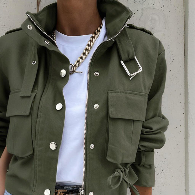 Casual Short Jacket With Button & Zipper Closure - Two Large Pockets & Drawstring Hem
