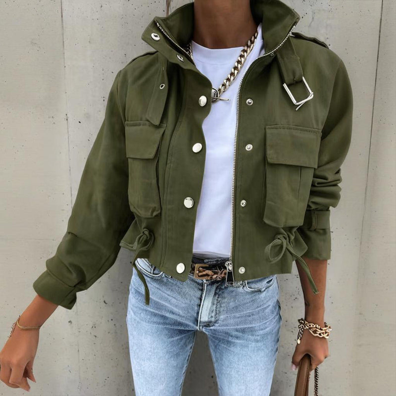 Casual Short Jacket With Button & Zipper Closure - Two Large Pockets & Drawstring Hem