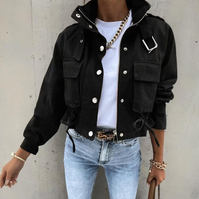 Casual Short Jacket With Button & Zipper Closure - Two Large Pockets & Drawstring Hem