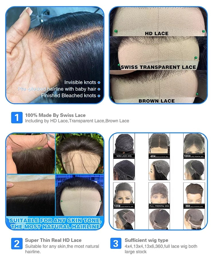 6x4 Density Virgin Human Hair Wig- Raw Hair Transparent Lace Front Pre-Plucked Bleached Knots