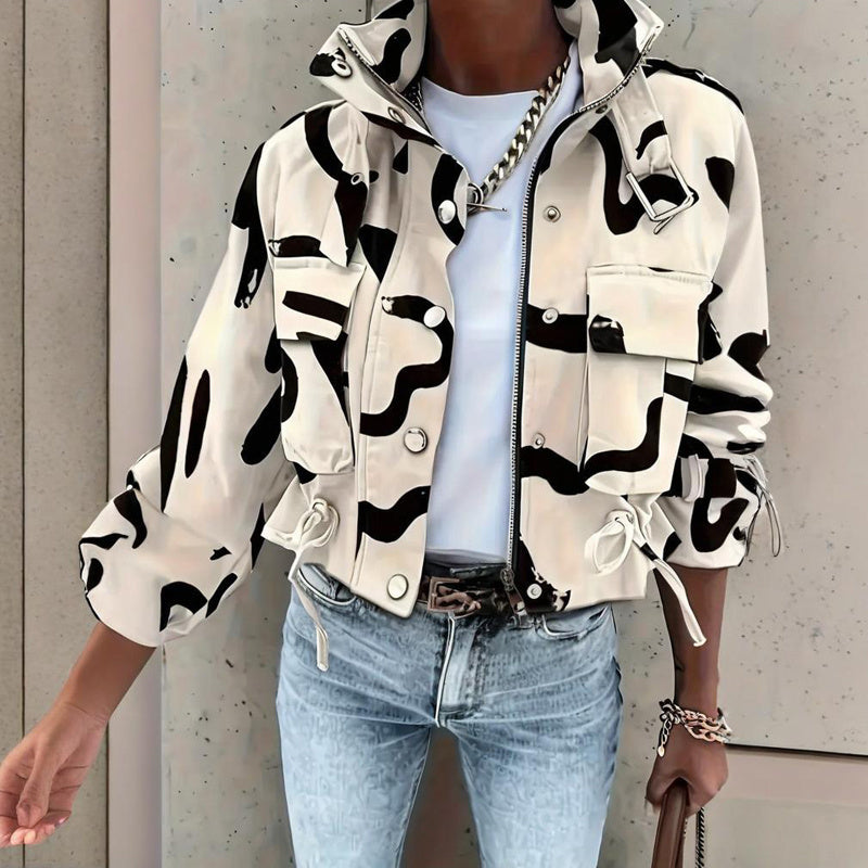 Casual Short Jacket With Button & Zipper Closure - Two Large Pockets & Drawstring Hem