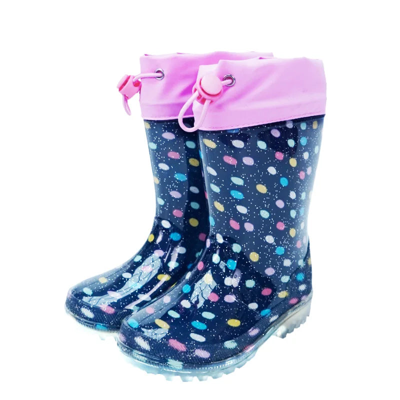 Polka Dot Rain Boots with Pink Cuff Drawstring