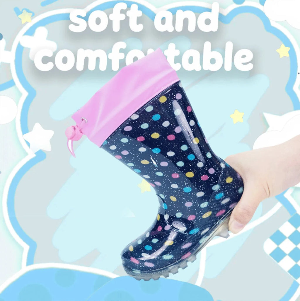 Polka Dot Rain Boots with Pink Cuff Drawstring